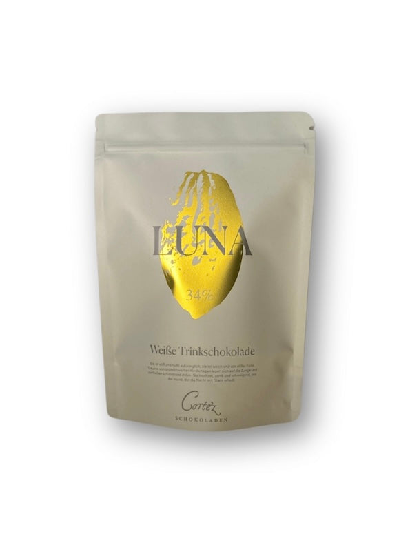 Verpackung Luna, weiße Trinkschokolade von Cortez Schokoladen, 34% Kakao, Zip-Beutel voll recyclebar.