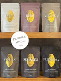 Alle sechs Sorten Luna, Ruby, Virunga, Yuluka, Semanini und Purissima im Zipbeutel, Button mit Hinweis Probier Mich je 100g.