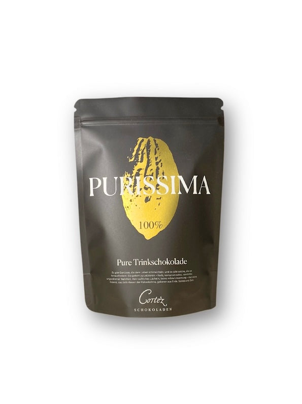 Verpackung Purissima, pure Trinkschokolade von Cortez Schokoladen, 100% Kakao, Zip-Beutel voll recyclebar.