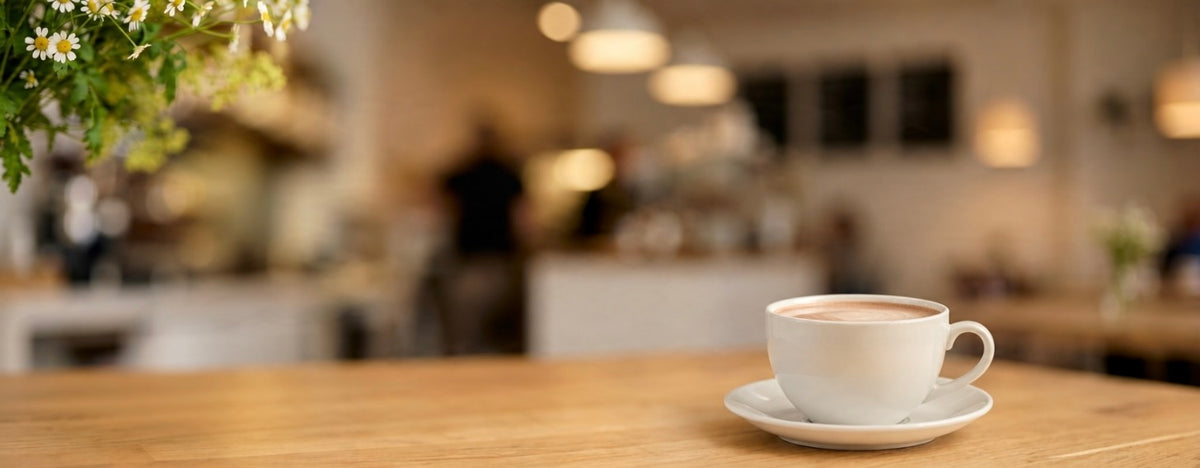 Eine Tasse heiße Trinkschokolade steht auf einem Tisch, Café Atmosphäre im Hintergrund