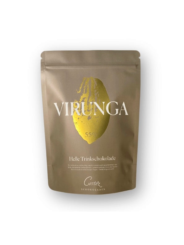 Verpackung Virunga, helle Trinkschokolade von Cortez Schokoladen, 55% Kakao, Zip-Beutel voll recyclebar.
