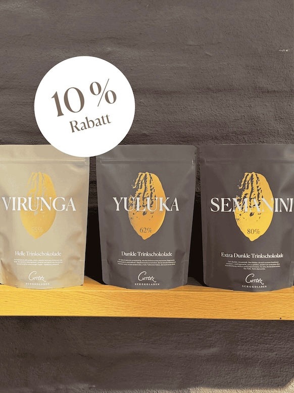 Die Sorten Virunga, Yuluka und Semanini im Zipbeutel, Button mit Hinweis 10% Rabatt.